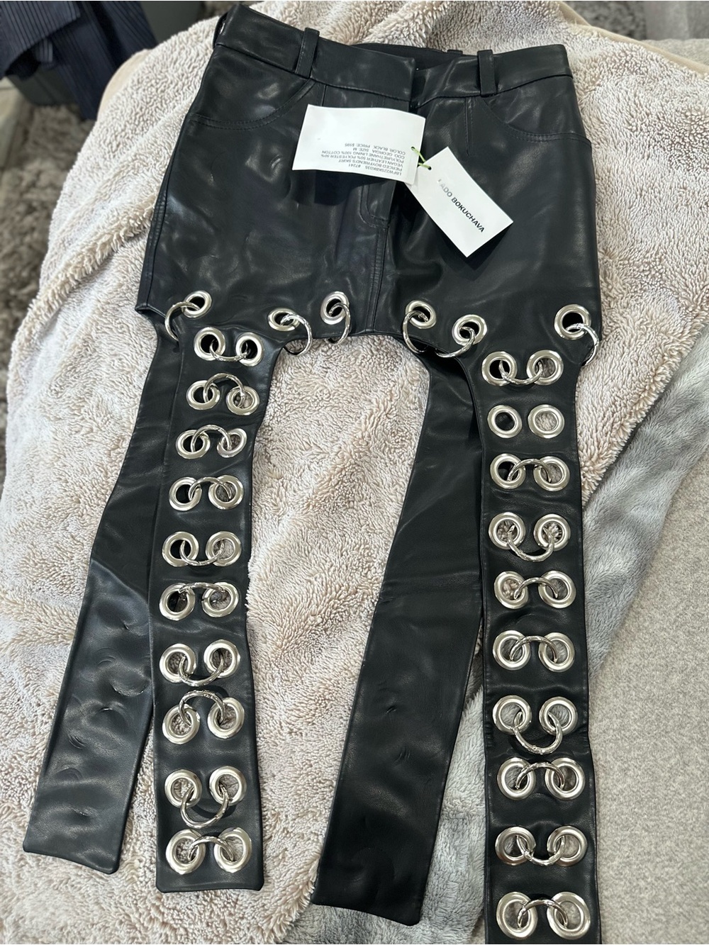 NEW!!! LADO BOKUCHAVA Black Faux Leather Grommet Detail mini skirt